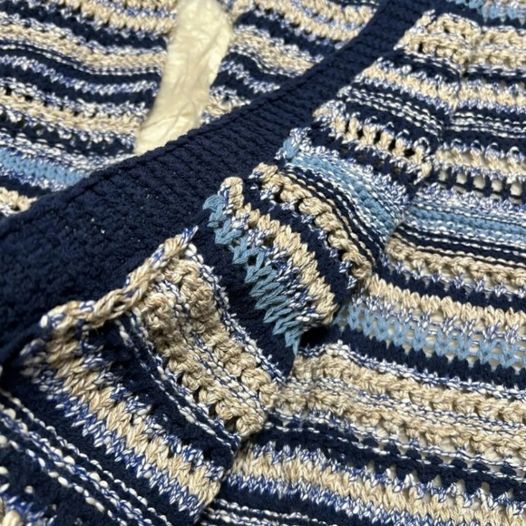 Benetton Womans Blue Knit Crochet Cut Out Striped Open Cardigan Sweater M NWT - Picture 7 of 14